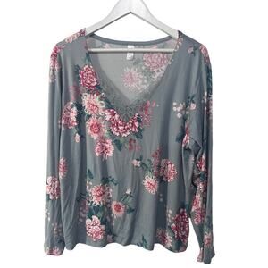 FLORA NIKROOZ WOMENS XLARGE JADE FLORAL PRINTED LONGSLEEVE PAJAMA TOP ONLY GREY